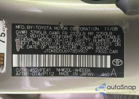 2009 Toyota Prius from USA, damaged, VIN JTDKB20U697859907